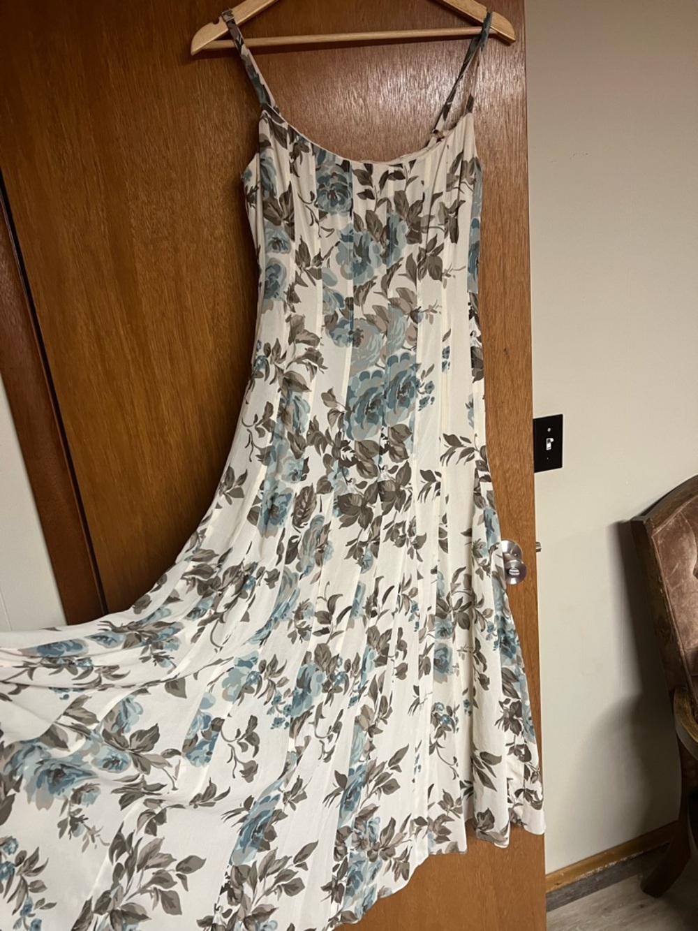 Reformation White Floral Maxi Dress with Blue and Gray Print